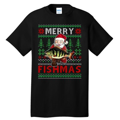 Merry Fishmas Santa Fishing Fishers Ugly Christmas Sweater Tall T-Shirt