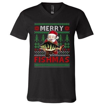 Merry Fishmas Santa Fishing Fishers Ugly Christmas Sweater V-Neck T-Shirt