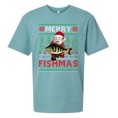 Merry Fishmas Santa Fishing Fishers Ugly Christmas Sweater Sueded Cloud Jersey T-Shirt