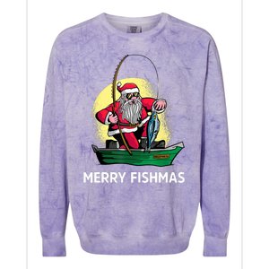 Merry Fishmas Santa Fishing Santa On A Boat Fishing Xmas Colorblast Crewneck Sweatshirt