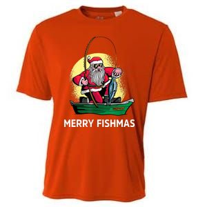 Merry Fishmas Santa Fishing Santa On A Boat Fishing Xmas Cooling Performance Crew T-Shirt