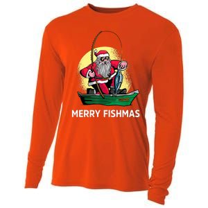 Merry Fishmas Santa Fishing Santa On A Boat Fishing Xmas Cooling Performance Long Sleeve Crew