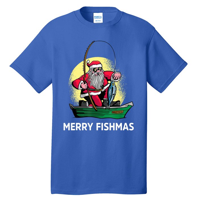 Merry Fishmas Santa Fishing Santa On A Boat Fishing Xmas Tall T-Shirt