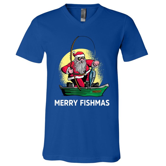 Merry Fishmas Santa Fishing Santa On A Boat Fishing Xmas V-Neck T-Shirt