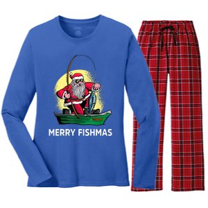 Merry Fishmas Santa Fishing Santa On A Boat Fishing Xmas Women's Long Sleeve Flannel Pajama Set 