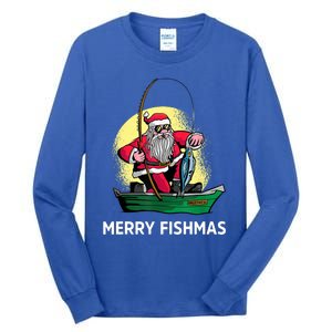 Merry Fishmas Santa Fishing Santa On A Boat Fishing Xmas Tall Long Sleeve T-Shirt