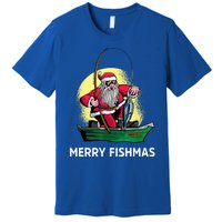 Merry Fishmas Santa Fishing Santa On A Boat Fishing Xmas Premium T-Shirt