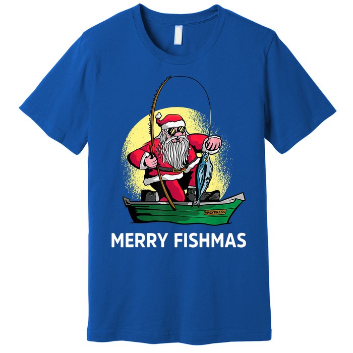 Merry Fishmas Santa Fishing Santa On A Boat Fishing Xmas Premium T-Shirt