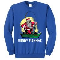 Merry Fishmas Santa Fishing Santa On A Boat Fishing Xmas Tall Sweatshirt