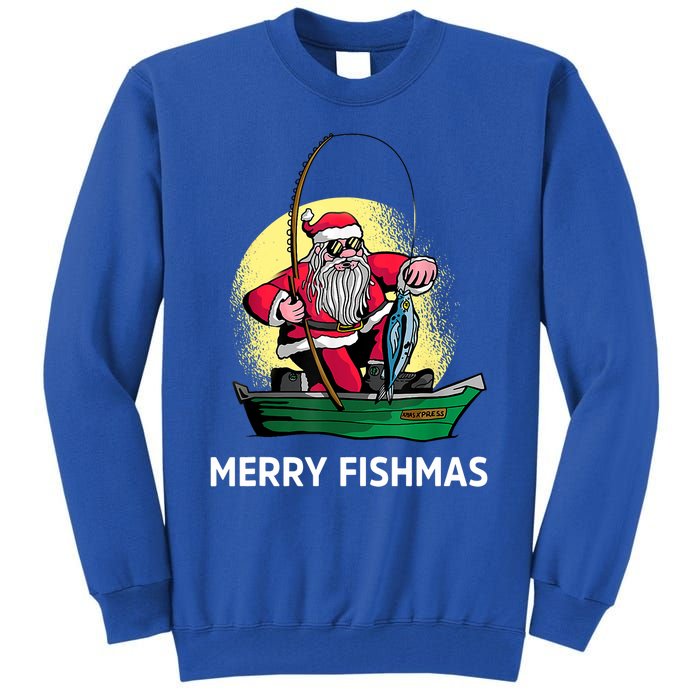 Merry Fishmas Santa Fishing Santa On A Boat Fishing Xmas Tall Sweatshirt