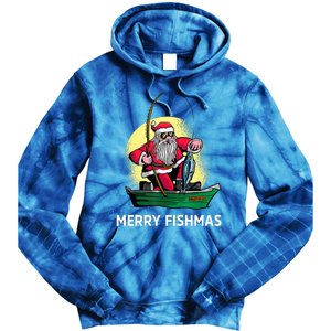 Merry Fishmas Santa Fishing Santa On A Boat Fishing Xmas Tie Dye Hoodie