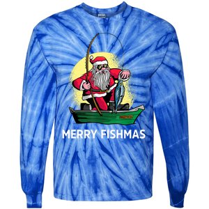 Merry Fishmas Santa Fishing Santa On A Boat Fishing Xmas Tie-Dye Long Sleeve Shirt