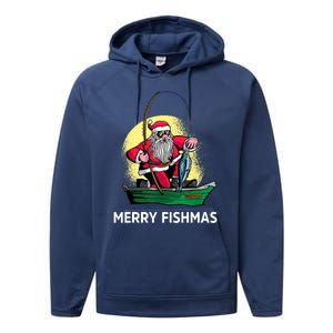 Merry Fishmas Santa Fishing Santa On A Boat Fishing Xmas Performance Fleece Hoodie