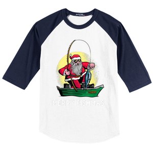 Merry Fishmas Santa Fishing Santa On A Boat Fishing Xmas Baseball Sleeve Shirt