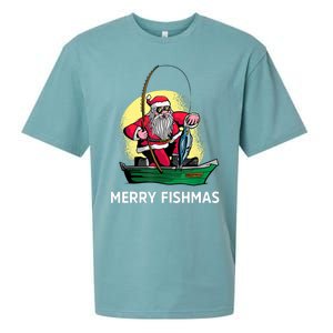 Merry Fishmas Santa Fishing Santa On A Boat Fishing Xmas Sueded Cloud Jersey T-Shirt