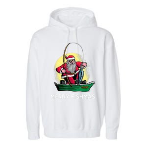 Merry Fishmas Santa Fishing Santa On A Boat Fishing Xmas Garment-Dyed Fleece Hoodie