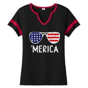 Merica Flag Sunglasses Patriotic 4th of July Ladies Halftime Notch Neck Tee