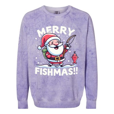 Merry Fishmas SantaS Christmas Camping And Fishing Frenzy Gift Colorblast Crewneck Sweatshirt