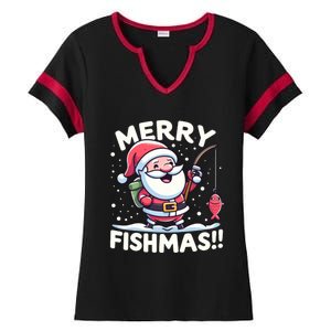 Merry Fishmas SantaS Christmas Camping And Fishing Frenzy Gift Ladies Halftime Notch Neck Tee