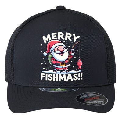 Merry Fishmas SantaS Christmas Camping And Fishing Frenzy Gift Flexfit Unipanel Trucker Cap