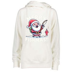 Merry Fishmas SantaS Christmas Camping And Fishing Frenzy Gift Womens Funnel Neck Pullover Hood