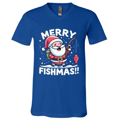 Merry Fishmas SantaS Christmas Camping And Fishing Frenzy Gift V-Neck T-Shirt