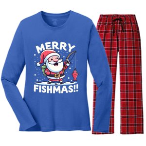 Merry Fishmas SantaS Christmas Camping And Fishing Frenzy Gift Women's Long Sleeve Flannel Pajama Set 