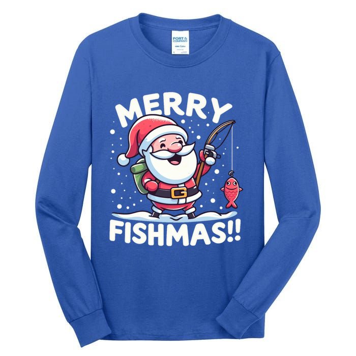 Merry Fishmas SantaS Christmas Camping And Fishing Frenzy Gift Tall Long Sleeve T-Shirt