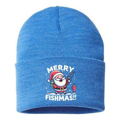 Merry Fishmas SantaS Christmas Camping And Fishing Frenzy Gift Sustainable Knit Beanie