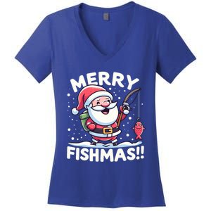 Merry Fishmas SantaS Christmas Camping And Fishing Frenzy Gift Women's V-Neck T-Shirt