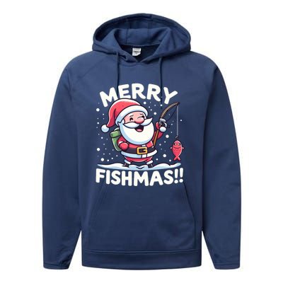 Merry Fishmas SantaS Christmas Camping And Fishing Frenzy Gift Performance Fleece Hoodie