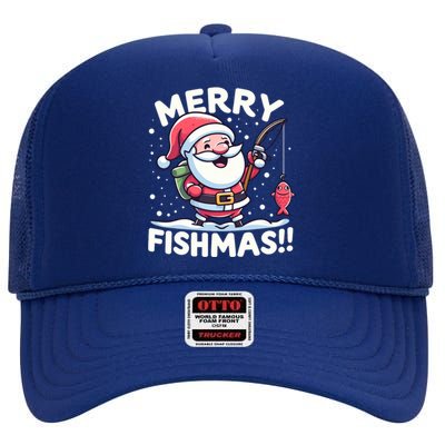 Merry Fishmas SantaS Christmas Camping And Fishing Frenzy Gift High Crown Mesh Back Trucker Hat