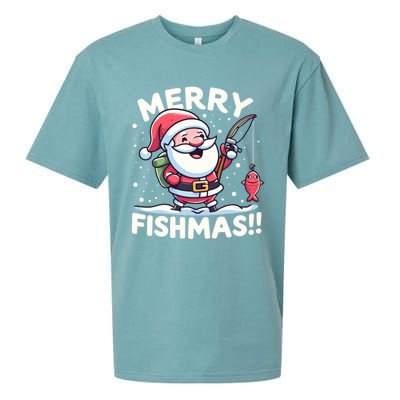 Merry Fishmas SantaS Christmas Camping And Fishing Frenzy Gift Sueded Cloud Jersey T-Shirt