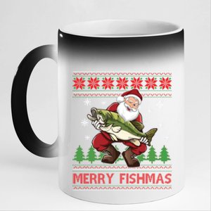 Merry Fishmas Santa Fishing Ugly Christmas Sweater Style Gift 11oz Black Color Changing Mug