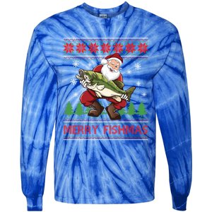 Merry Fishmas Santa Fishing Ugly Christmas Sweater Style Gift Tie-Dye Long Sleeve Shirt