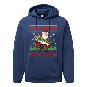 Merry Fishmas Santa Fishing Ugly Christmas Sweater Style Gift Performance Fleece Hoodie