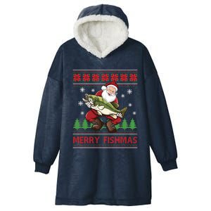 Merry Fishmas Santa Fishing Ugly Christmas Sweater Style Gift Hooded Wearable Blanket