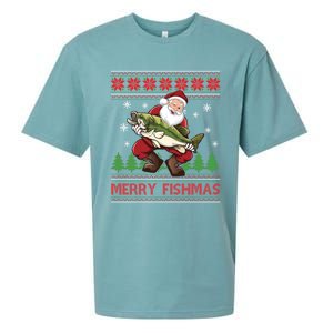 Merry Fishmas Santa Fishing Ugly Christmas Sweater Style Gift Sueded Cloud Jersey T-Shirt