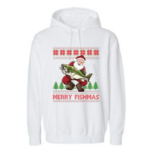 Merry Fishmas Santa Fishing Ugly Christmas Sweater Style Gift Garment-Dyed Fleece Hoodie