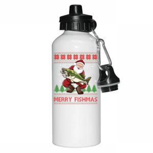 Merry Fishmas Santa Fishing Ugly Christmas Sweater Style Gift Aluminum Water Bottle