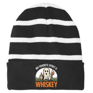 My Favorite Spirit Is Whiskey Funny Halloween Design Striped Beanie with Solid Band