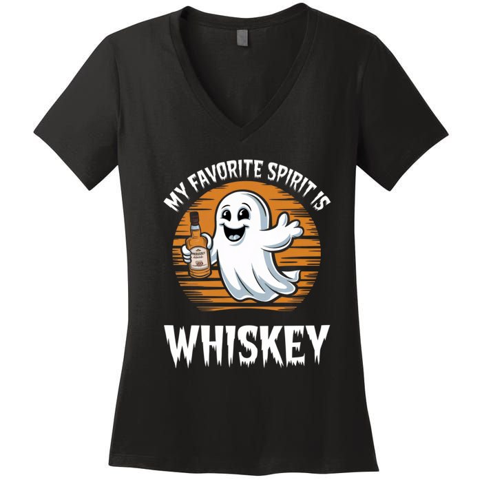 My Favorite Spirit Is Whiskey Funny Halloween Ghost Drinking Women's V-Neck T-Shirt