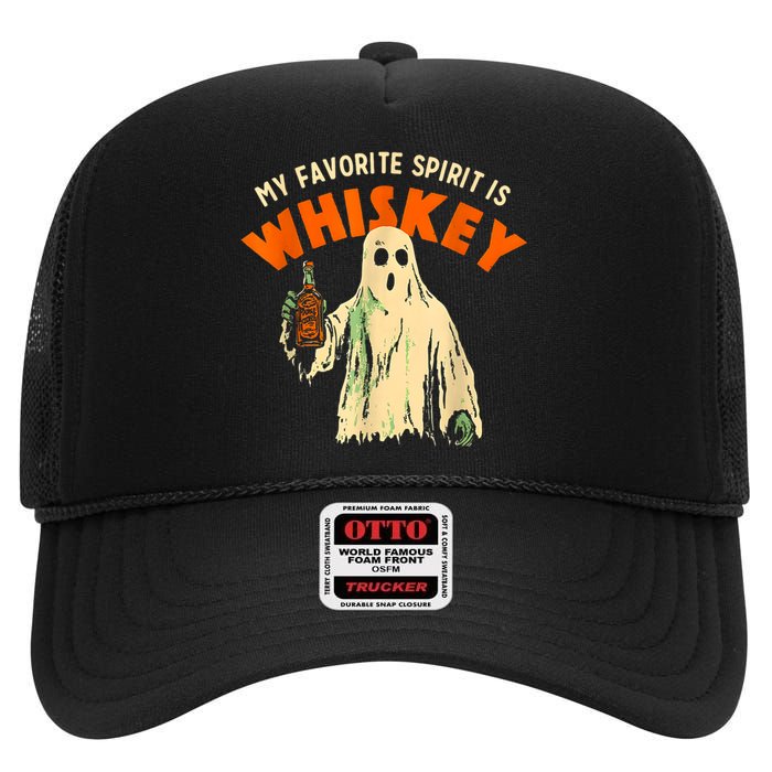 My Favorite Spirit Is Whiskey Funny Drinking Halloween High Crown Mesh Back Trucker Hat