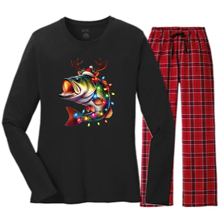 Merry Fishmas Santa Fishing Lovers Funny Fisherman Christmas Women's Long Sleeve Flannel Pajama Set 