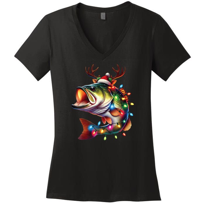 Merry Fishmas Santa Fishing Lovers Funny Fisherman Christmas Women's V-Neck T-Shirt