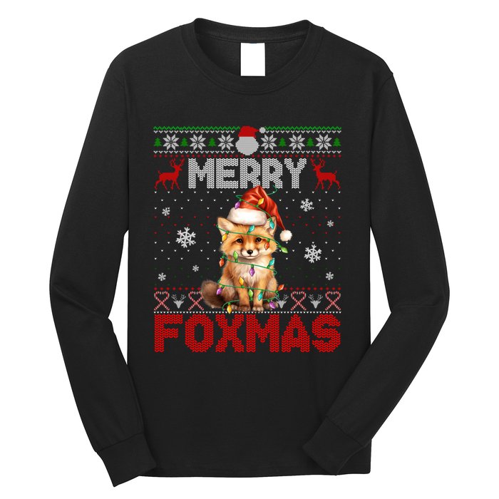 Merry Foxmas Santa Fox Lights Fox Lovers Cute Gift Ugly Xmas Long Sleeve Shirt