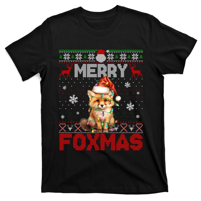 Merry Foxmas Santa Fox Lights Fox Lovers Cute Gift Ugly Xmas T-Shirt