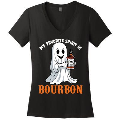 My Favorite Spirit Is Bourbon Funny Halloween Ghost Women's V-Neck T-Shirt