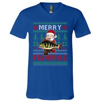 Merry Fishmas Santa Fishing Fishers Ugly Christmas Sweater Gift V-Neck T-Shirt