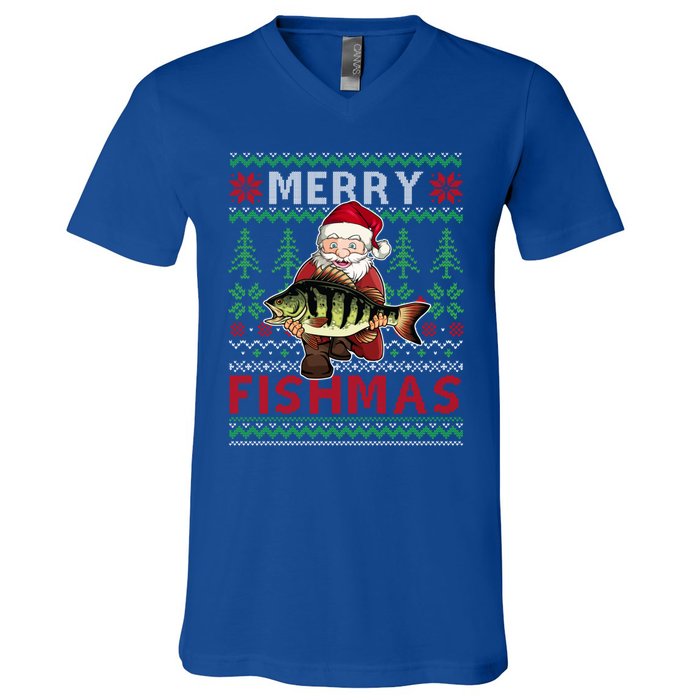 Merry Fishmas Santa Fishing Fishers Ugly Christmas Sweater Gift V-Neck T-Shirt